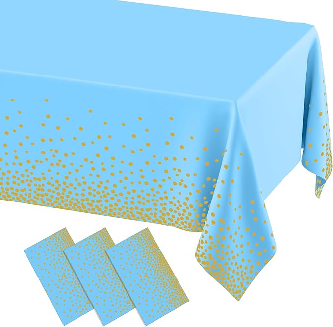 misaya 3 Packs Dot Disposable Table Cloth, 54 x 108 Inch Waterproof Plastic Tablecloth, Rectangle Gold Dots in Light Blue Table Covers for Easter, Picnic, Birthday, Party