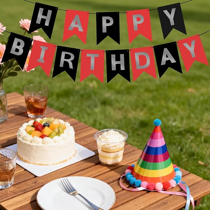 Red Silver Black Happy Birthday Banner Sign Happy Birthday Bunting Banner Garland for Kids Girl Woman Birthday Tea Party Decorations Bunting Flag Birthday Party Supplies