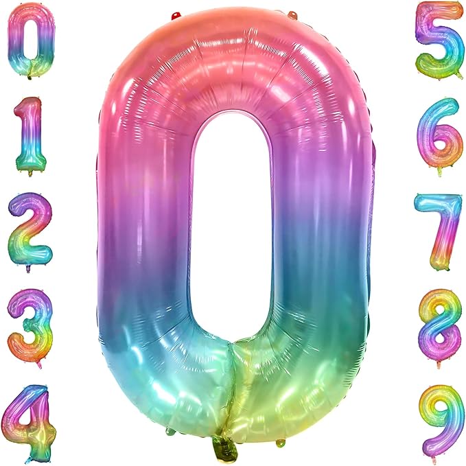 40 Inch Rainbow Number Balloon 0, Large Number Foil Mylar Balloons for Birthday Party Celebration Decorations Supplies, Digital Balloons for Wedding Anniversary Events Decorations