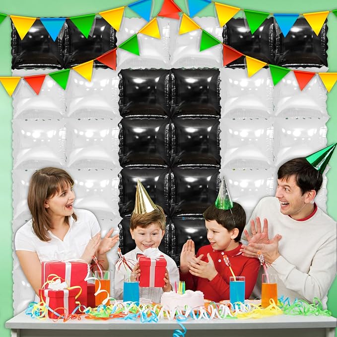 36 Pcs Black and White Square Foil Balloon Wall Backdrop Double Sided Race Car Checkered Balloons Backdrop Tunnel Arch Kit Mylar Square Balloons for Race Car Birthday Party Decorations