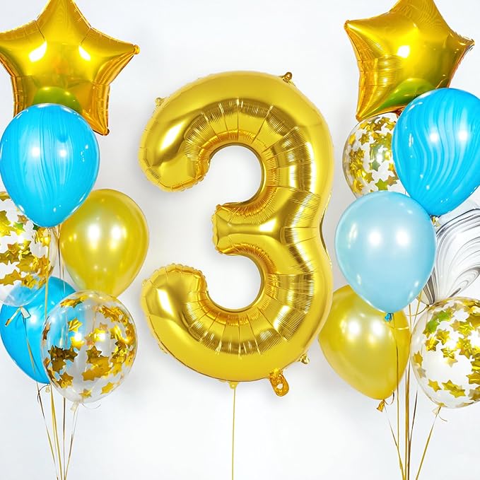 Gold Number 3 Balloon 40 Inch, Big Large Foil Helium Number Balloons, Giant Mylar Number 3 Balloons for 3 Year Old Birthday Party Decorations Supplies Anniversary