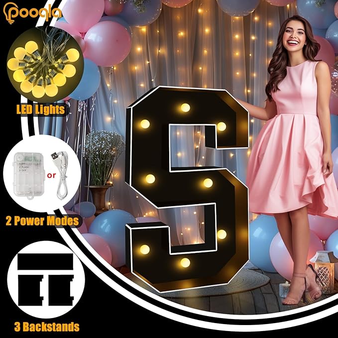 Pooqla 3 FT Marquee Light Up Letters, Black Marquee Letter Lights 3 Feet Tall, Giant LED Sign Big Mosaic Letters for Balloons Birthday Party Anniversary Wedding Decorations, Warm White Y
