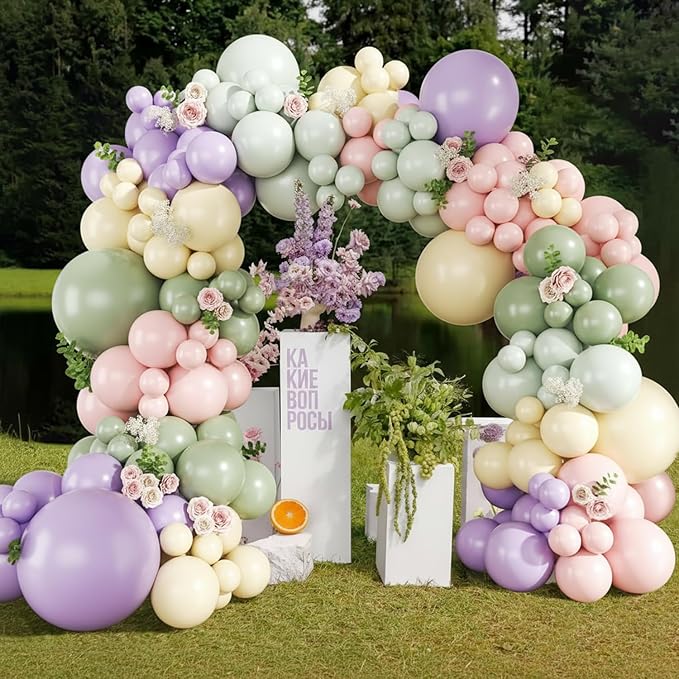 Purple Green Pink Yellow Balloons, 60Pcs 12 Inch Pastel Balloons Include Sage green Pastel Purple Pink Yellow Light Green balloons for Wildflower Baby Shower Wedding Birthday Party Decorations