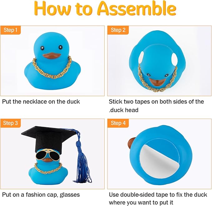 wonuu Car Dashboard Decor Graduation Hat Color Rubber Duck, Car Ducks Ornaments with Mini Graduation Hat Necklace Sunglasses (Black)