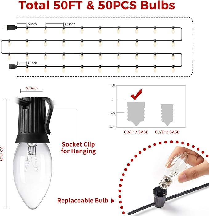 Brightown 50 Feet C9 Bulb String Lights Outdoor Warm White Clear Christmas Lights Black Wire for Outdoor Patio Room Christmas Party Backyard Decoration, 50 Bulbs