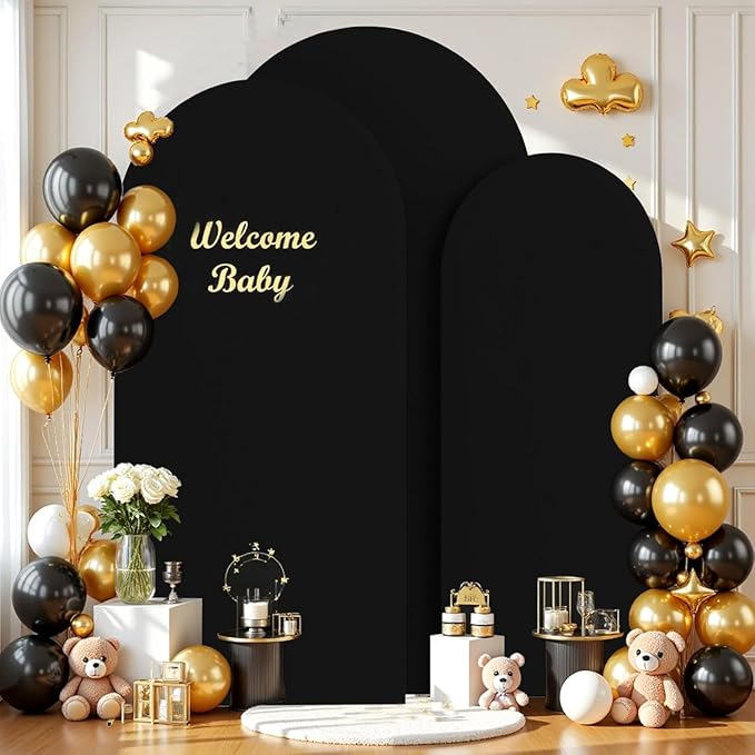 Wedding Arch Cover (7.2FT, 6.6FT, 6FT) Set of 3 Arch Backdrop Spandex Cover for Birthday Party Baby Shower Ceremony Banquet Decoration (Black, 7.2FT,6.6FT,6FT)