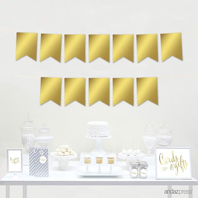 Andaz Press Hanging Pennant Banner with String, Metallic Gold, 1-Set, 24 Pennants, Approx. 12-Feet Long
