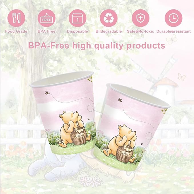 120PCS Pink Classic Winnie Bear Party Supplies Babyshower 1st Party Decorations for Kids Girls Birthday Neutral Bear Plates Napkin Cups Tableware Set for 20 Guests