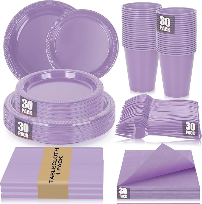 Lavender Plastic Plates for Party,30 Guest Disposable Plastic Plate Set 9" Plates,7" Dessert Plates,Napkins,Cups,Forks & Tablecloth for Baby Shower,Wedding,Birthday,Afternoon Tea Party
