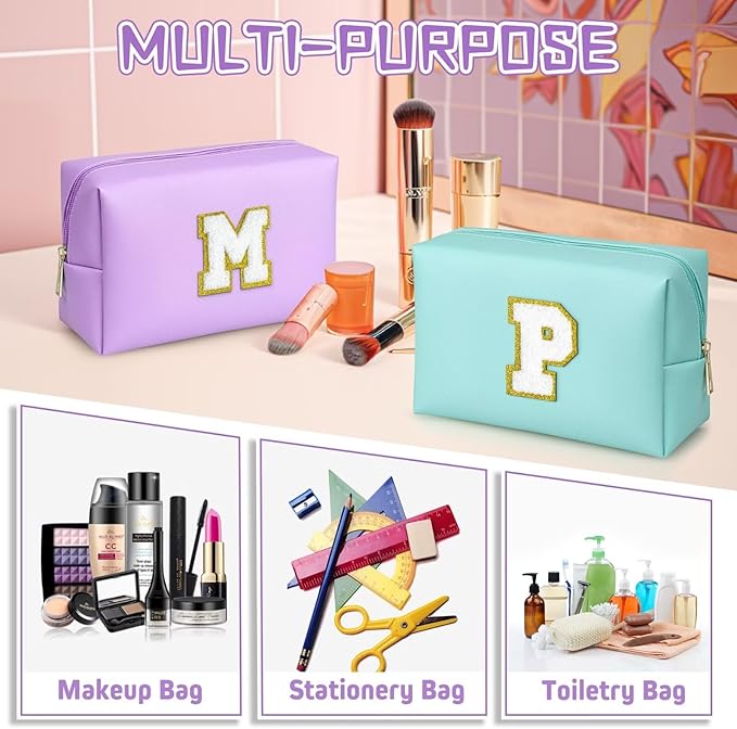 TOPEAST Personalized Birthday Gifts for Women, Preppy Patch Makeup Bag, Chenille Letter Pouch Cosmetic Bag, Travel Organizer, Gifts for Friends, Cute Stuff for Women (Purple L)