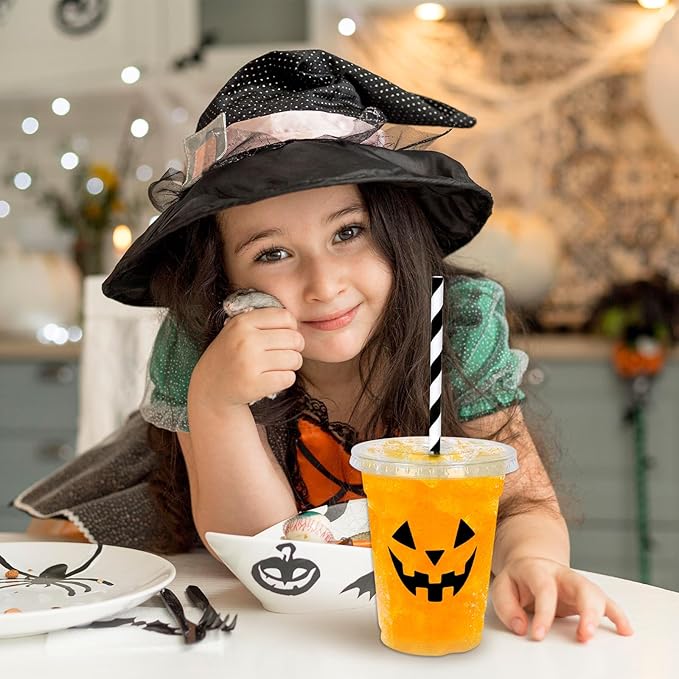 Whaline 60Pcs Halloween Disposable Plastic Cups with Lids and Straws 12oz Vampire Monster Ghost Pumpkin Cold Beverage Drinking Cups for Birthday Party Favors