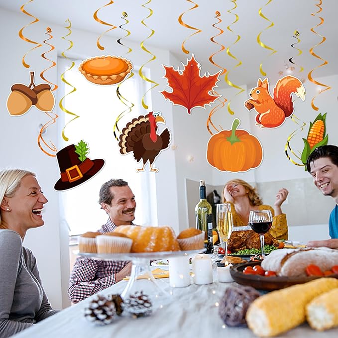 Thanksgiving Fall Hanging Swirls Party-Decorations - 24Pcs Streamers Garland,Turkey Maple Squirrel Pumpkin Ceiling Outdoor Indoor Windows Wall Autumn Baby Bridal Shower Wedding Decor Supplies Hugtmr