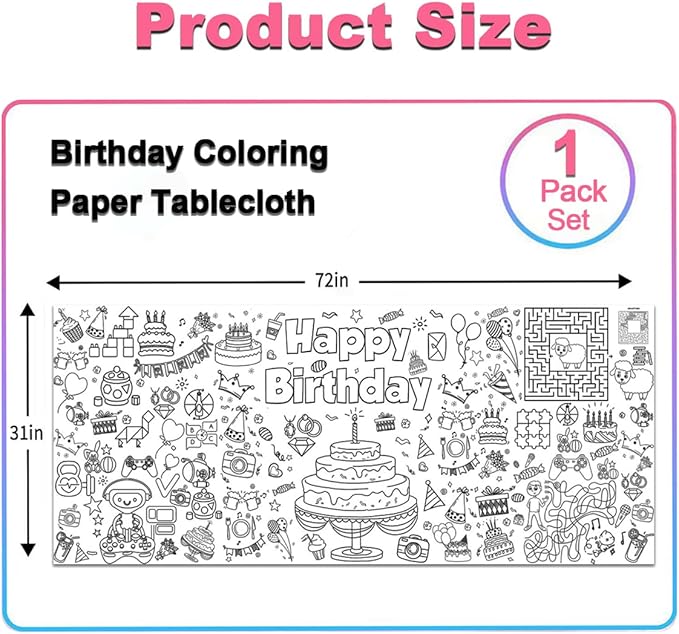 JUNQIU Happy Birthday Coloring Tablecloth, 72 * 31Inch Giant Coloring Poster for Kids, Color Paper Roll for Party Activities/Game/Birthday Party Games/Birthday Crafts for Kids