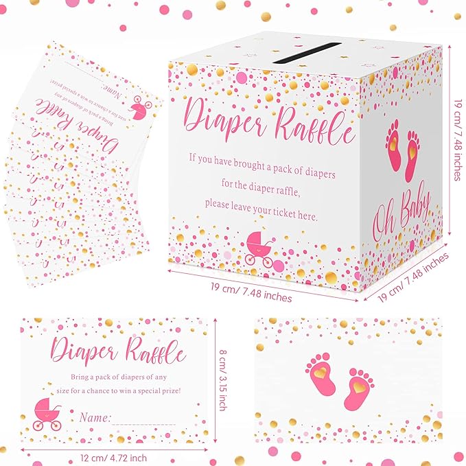 Funrous 51 Diaper Raffle Tickets with Box for Baby Shower Game Invitations Diaper Raffle Card for Gender Reveal Baby Shower Party Decoration Table Centerpiece(White, Pink)