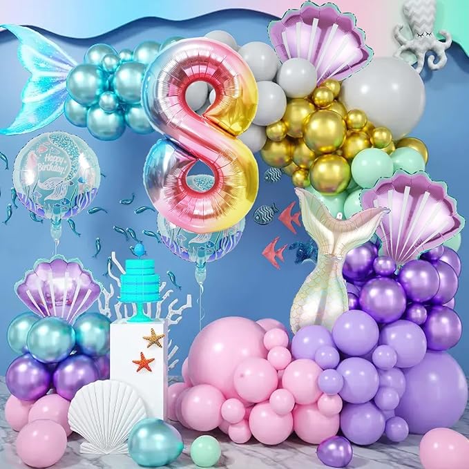Mermaid Birthday Decorations Mermaid Balloons - Number 8 Balloons for Girls Under The Sea Mermaid Theme Baby Shower Birthday Favors