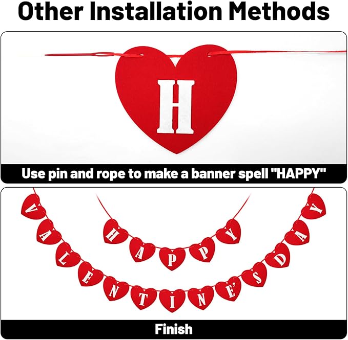 Happy Valentines Day Felt Banner No DIY Valentines Day Banner Pre-Strung Valentine's Day Felt Heart Garland for Valentine's Day Decorations