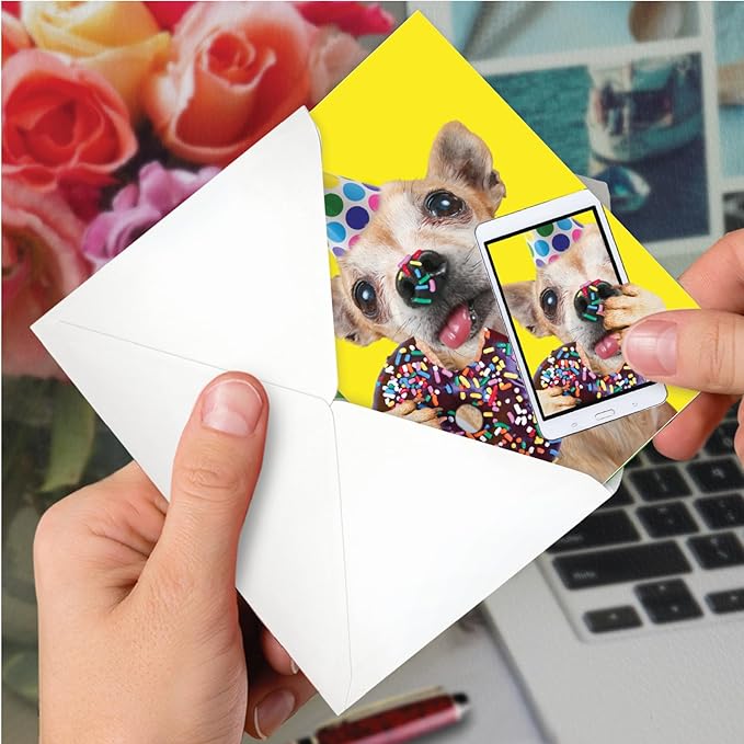NobleWorks - Birthday Greeting Card with 5 x 7 Inch Envelope (1 Card), Fun Animal Bday Celebration - Doggy Selfie - Sprinkles C9512DBDG