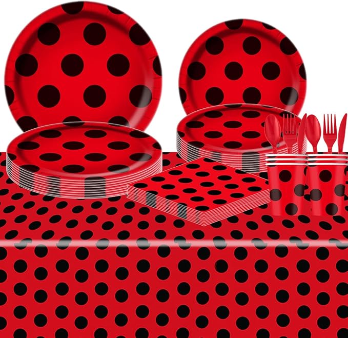 81Pcs Ladybug Party Tableware Set Ladybug Birthday Party Supplies,Paper Plates,Napkins,Cup,knives,Spoons and Forks