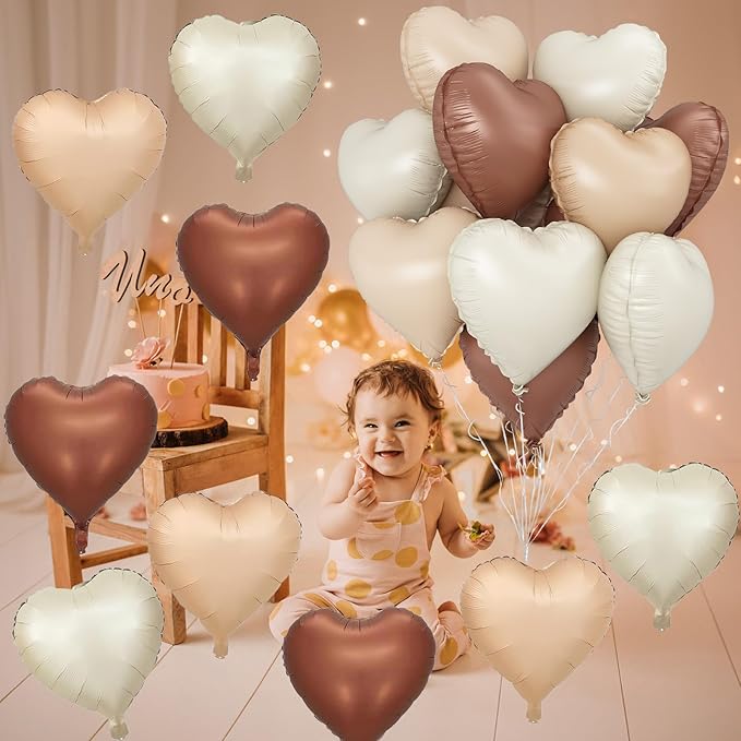 Cream Brown Heart Balloons, 12Pcs Brown Apricot Foil Balloons, Beige Coffee Foil Heart Shape Foil Balloon 18 Inch Nude Neutral Helium Foil Balloon for Boho Birthday Baby Shower Wedding Valentine