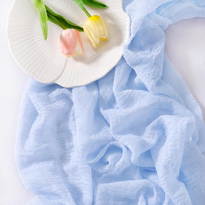 Socomi 3pcs Blue Easter Spring Gauze Cheesecloth Table Runner 120 Inch Rustic Boho Cheese Cloth Runner for Wedding Party Baby Bridal Shower Centerpiece Decoration Holiday Home Decorations