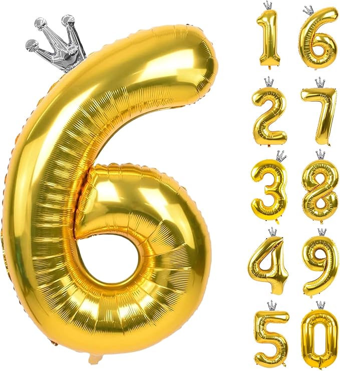 Gold Number 6 Balloon with Crown, 40 inch Gold Number Balloon 6th Birthday Party Decoration Gold Crown Balloons 0-9 for Birthday Party Anniversary Decorations Supplies