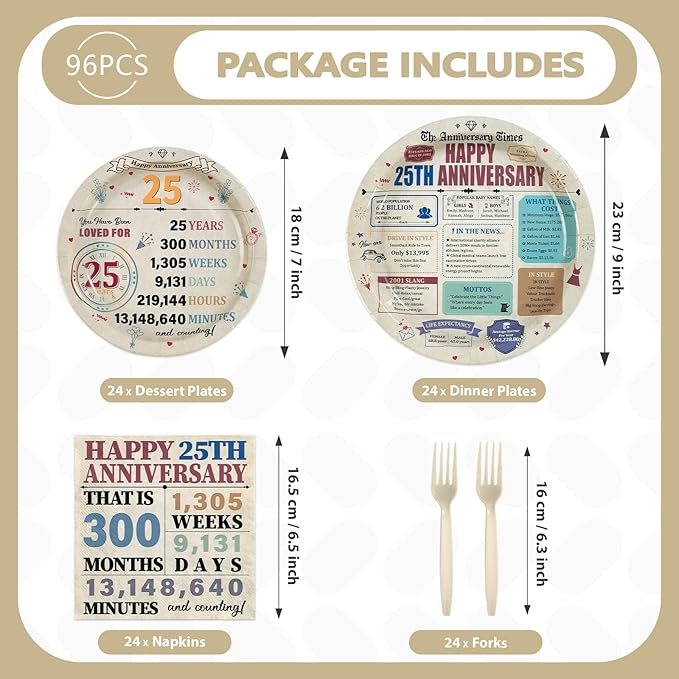 96Pcs 25th Anniversary Party Decorations Retro 25 Years Plates and Napkins 25th Anniversary Disposable Tableware Set for Vintage 25 Year Wedding Company Party Supplies Serves 24