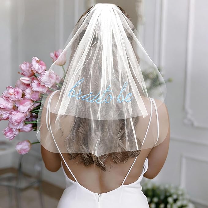 Chanaco Bride to Be Veil Bachelorette Party Accessories Bridal Shower Decorations Short Veils with Comb Favors Wedding Gifts (white blue)