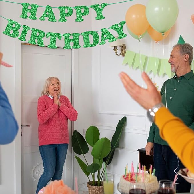 Glitter Green Happy Birthday Banner Birthday Party Decorations Sign Garland Bunting Banner for Wall Decor Party Background for Kids Boys Girls Adults