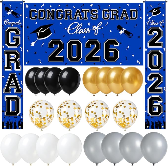 WOHOHOHO 23Pcs Graduation Decorations 2026 Set, Blue Porch Door Sign GRAD Banner, Class of 2026 Backdrop, 5 Colors Large Balloons, Hanging Party Supplies for High School College Indoor Outdoor Decor