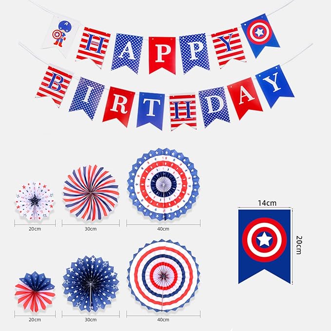 Zwiebeco Red Blue White Happy Birthday Party Decorations Banner Bunting Garland Hanging Paper Fan Kit for Boys Kids Captain America Spiderman Superhero Theme Accessories Supplies