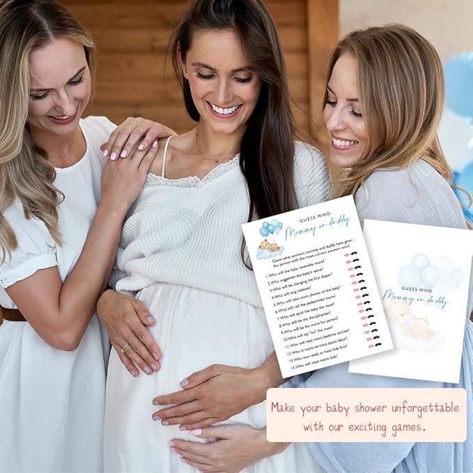 Guess Who Mommy or Daddy Game Cards, Blue Bear Party Games for Boy, 25 Pcs 5x7in Sheets, Fun Gender Reveal Activity & Baby Boy Celebration Supplies - B02