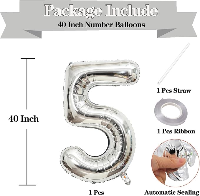 40 Inch Large Silver Number 5 Letter Balloon, Alphabet Letter Mylar Foil Helium Big Number Balloons for Birthday Anniversary Party Graduations Festival Decorations