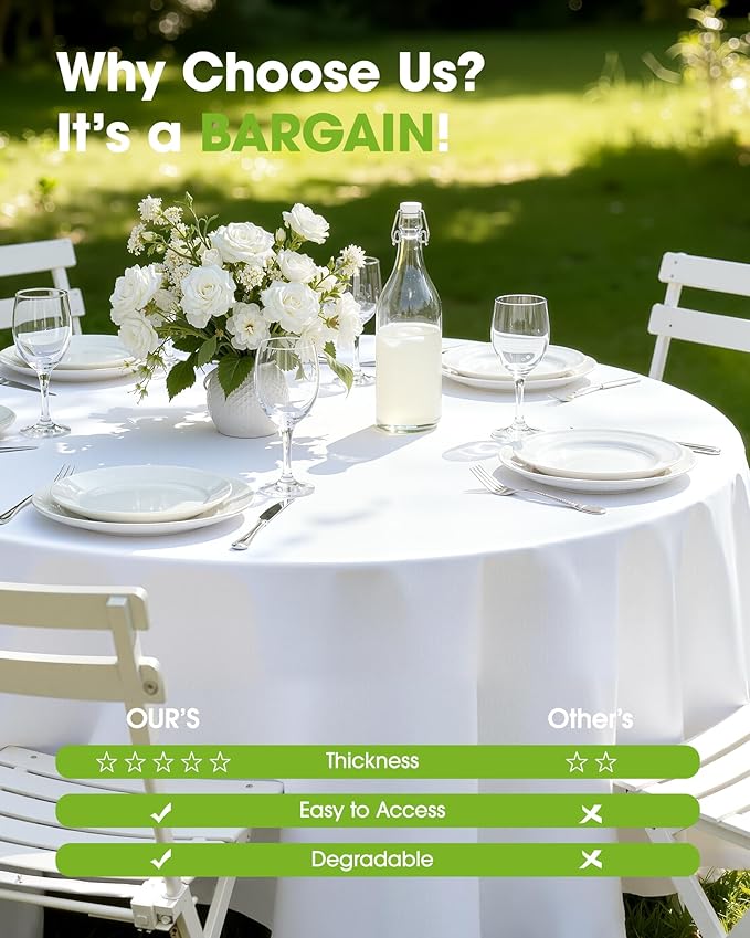 Pureegg Plastic Table Cloth Disposable 10 Pack, 84'' Round Table Cloths, Party, Picnic, Wedding, Decorative Tablecloths, Round, White Plastic Cover, Leakproof & Sturdy, White