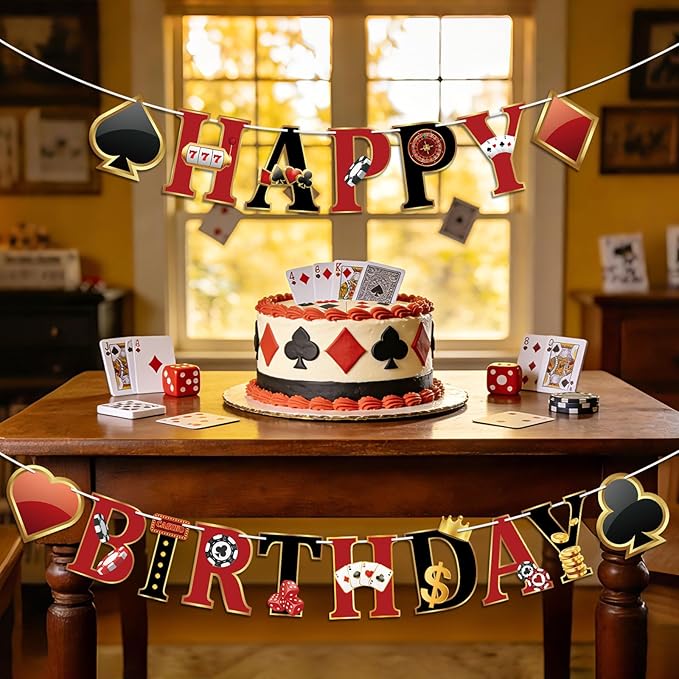Casino Party Decorations Happy Birthday Banner Casino Party Banner Garland for Las Vegas Poker Night Birthday Party Decorations Casino Party Supplies