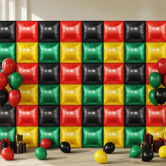 50 Pcs Juneteenth Party Decoration 19'' Double Sided Square Foil Balloons in Red Green Gold Black Juneteenth Backdrop 1865 Freedom Day Supplies African American Celebration Wall Backdrop