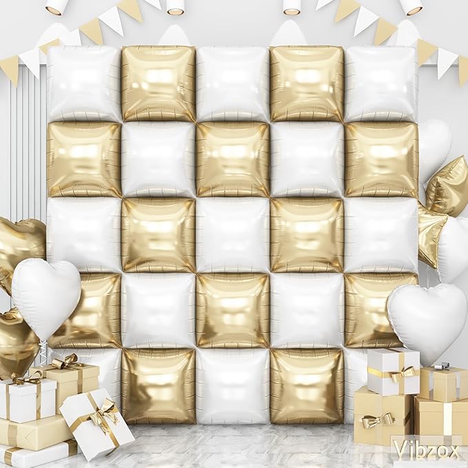 Gold White Square Foil Balloons Wall, 25PCS Double Sided Chrome Light Gold White Balloons Tunnel Arch Kit Backdrop for New Years 2026 Birthday Wedding Engagements Graduation Party Decorations