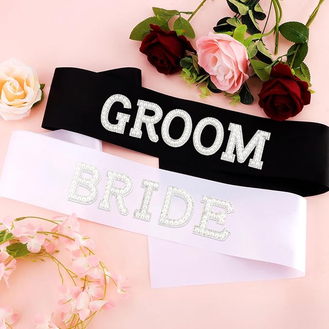 2Pcs Pearl Bride and Groom Sash - White BRIDE Sash & Black GROOM Sash for Bachelorette Party, Hen Party, Wedding, Bridal Shower & Engagement Favors