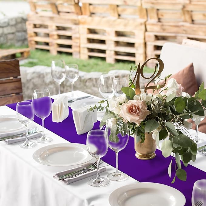 12Pack 12x108 Inch Satin Table Runner and 54x108Inch Plastic Tablecloths Set White Purple Disposable Rectangle Table Cover for Graduation Wedding Bridal Shower Anniversary Birthday Party Decorations