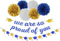 Navy-Blue White-Gold Party-Decoration Graduation Banner - 8pcs Kits Cap Garland Streamers, Paper Tissue Pom Poms Flowers,We are So Proud of You Grad Graduation 2026 Decor Lasting Surprise