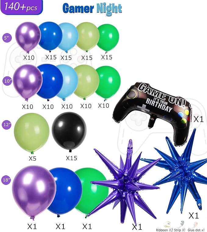 Video game balloon garland arch kit 140pcs purple blue green black balloons with Diy star controller mylar balloon for gamer night Birthday party decorations