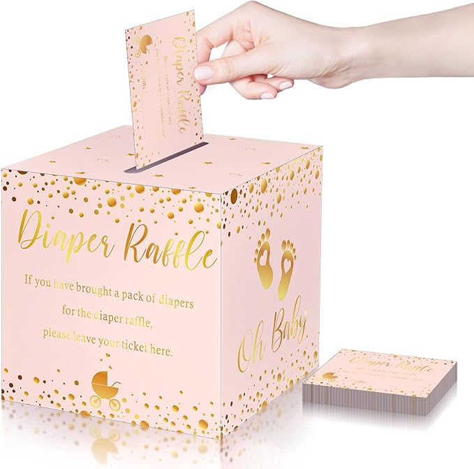 Funrous 51 Diaper Raffle Tickets with Box for Baby Shower Game Invitations Diaper Raffle Card for Gender Reveal Baby Shower Party Decoration Table Centerpiece(Rose Gold)