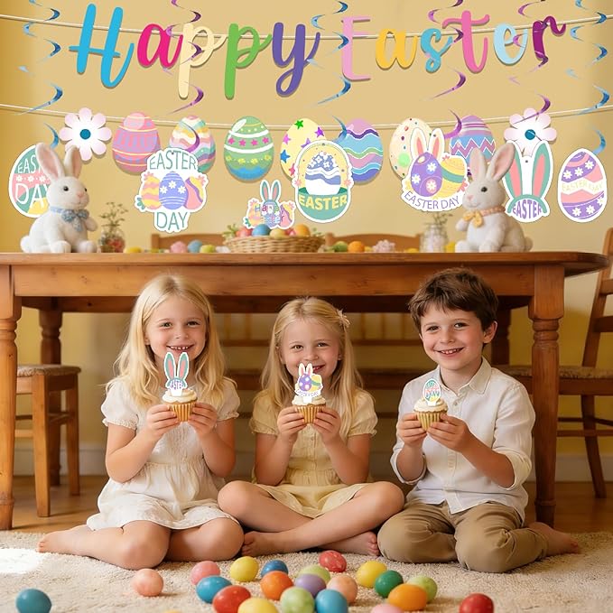 Easter Party Decorations 33PCS Kit – Bunny & Egg Banner, Cake & Cupcake Toppers, Hanging Swirls & Tablecloth for Family Spring Party