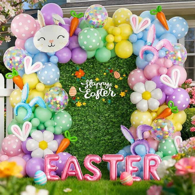 Easter Balloon Arch Kit, 149Pcs Pastel Balloon Garland with Bunny Daisy Foil Printed Balloons for Baby Shower Spring Birthday Party Decorations