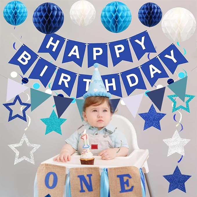 Blue Birthday Decorations, Happy Birthday Banner with Honeycomb Balls, Stars Hanging Swirl Streamers, Buntings Circle Dots Garland, Party Decorations for Women Men Boys Girls (Blue)