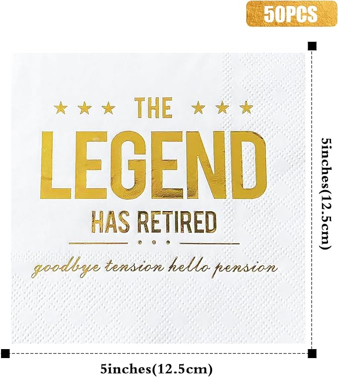 The Legend Has Retired Cocktail Napkins, 50 Pack 3-Ply Retirement Party Decorations Supplies, Gold Foil Disposable Napkins for Farewell,Coworker Goodbye & Going Away Celebration (5"x5")
