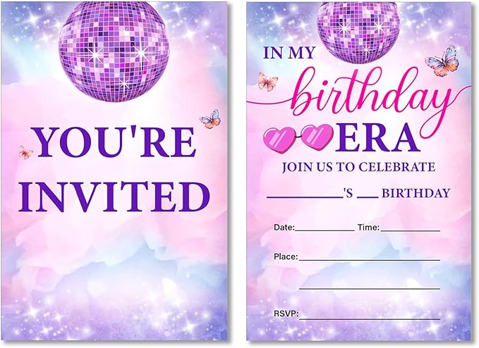 Soiceu Teen Girl Birthday Party Invitations Pink Purple Disco Music in My Birthday Era Invites with Envelopes Set of 20