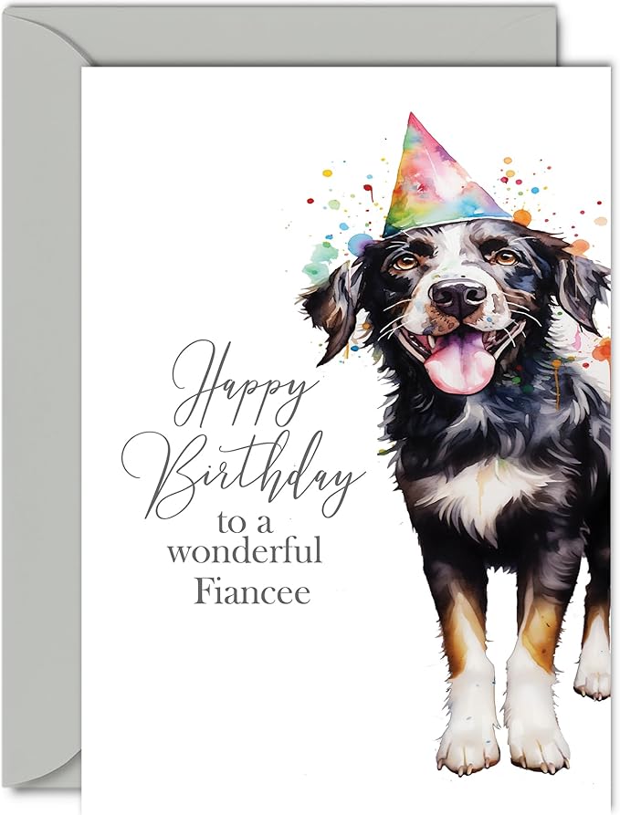 Birthday Cards for Fiancee - Party Hat Dog - Happy Birthday Card for Fiancee from Fiance Boyfriend, 5x7 Inch Bday Gifts Greeting Cards for Women Her