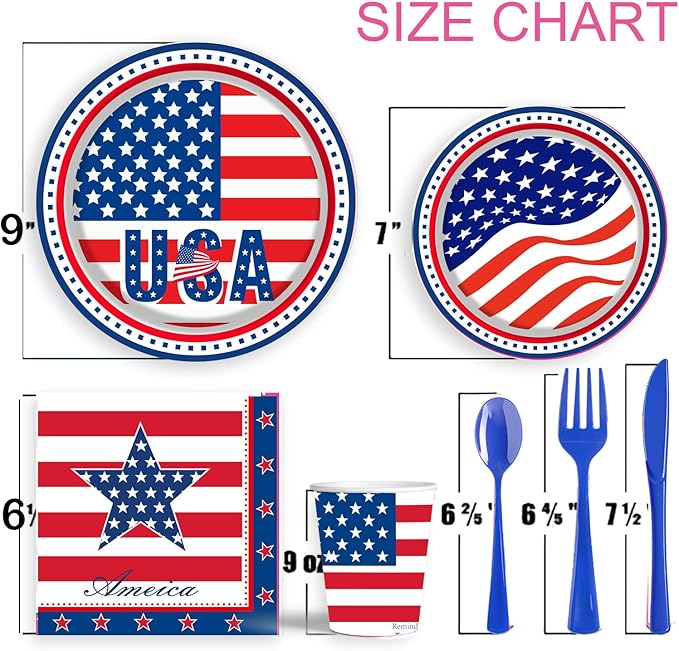 4th of July Party Supplies Tableware Set, 177 PCS Patriotic American Flag Paper Plate Disposable Set with tablecloths- Red Blue White USA Plates Napkins Cups, Forks Spoons for Picnic Barbecue