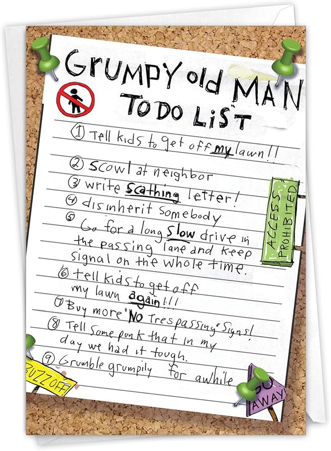 NobleWorks Funny Birthday Greeting Card with 5 x 7 Inch Envelope (1 Card) Bday Grumpy Old Man List 9729Z