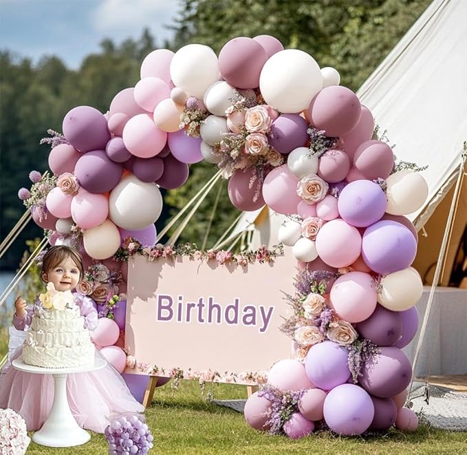 Purple Pink Balloon Arch Kit, Double Stuffed Pastel Pink Lavender White Beige Balloon Garland Dusty Light Lilac Cream Balloons for Birthday Baby Shower Wedding Butterfly Flower Party Decor
